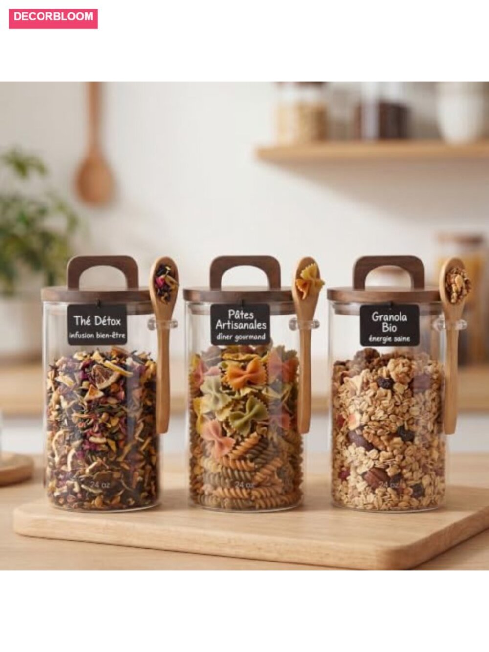 Set of 3 Glass Food Storage Canisters with Airtight Bamboo Lids, Wooden Spoons,